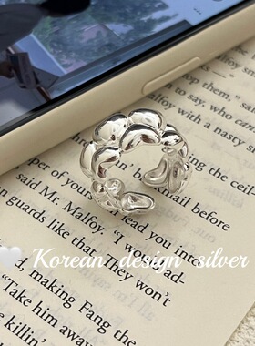 韩国重工亮银指环 S925纯银宽版爱心心相印戒指 小众高级感女饰品