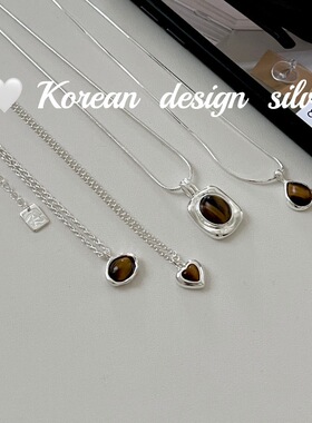 韩国新款小众设计组合锁骨链S925纯银方牌凸面琥珀项链高级感百搭