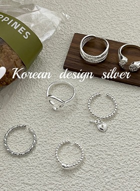 韩国东大门重工指环饰品 S925纯银爱心麻花戒指 小众设计高级组合