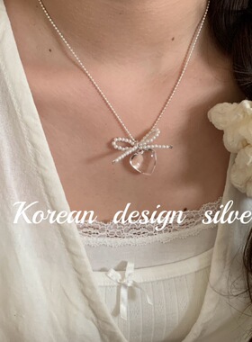 韩国东大门网红贝珠ins风项饰 S925纯银透明爱心亚克力蝴蝶结项链