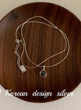 韩国东大门S925纯银项链女款高级设计感小众黑发晶水滴造型锁骨链