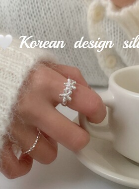 韩系ins风小众设计银饰品 S925纯银精巧双花朵戒指叠戴开口可