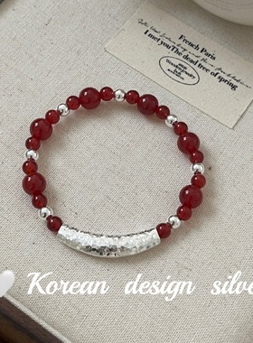韩版ins博主同款手工银饰 S925纯银一字亮片红玛瑙弹力绳手链显白