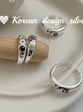 韩国ins个性冷淡风食指环 S925纯银几何彩钻戒指小众开口百搭