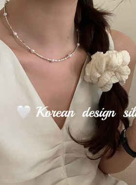 韩国东大门银饰品 S925纯银珍珠碎银拼接项链女叠戴百搭Ins风