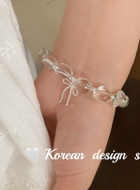 韩版ins风设计银饰品S925纯银透明水晶丝带蝴蝶结手链叠戴高级感