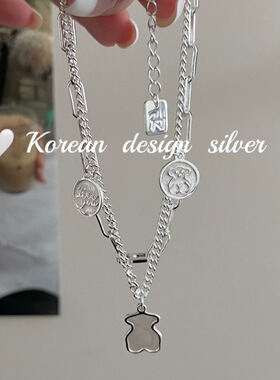 韩国ins风小众甜美可爱 S925纯银双层方形镂空拼接白贝母小熊