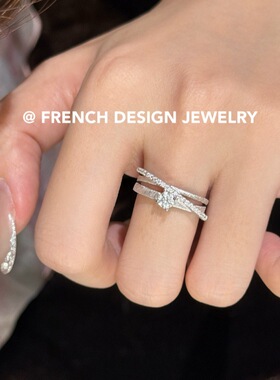 超美法式轻奢拉丝手饰品 S925纯银 三层环绕微镶戒指华丽晚会百搭