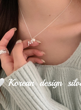 韩国ins风设计银饰品 S925纯银M字母天然珍珠项链简约百搭高级女