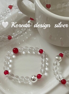 韩国ins风小众简约清新手饰品 S925纯银非天然红水晶透明弹力绳