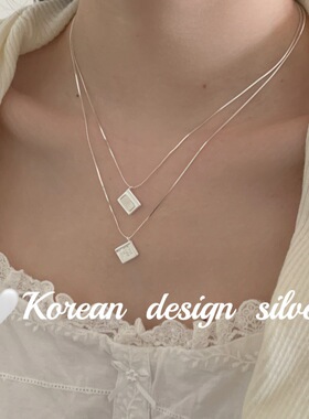 韩版原创ins风设计饰品 S925纯银方形白贝母字母双面本子项链叠