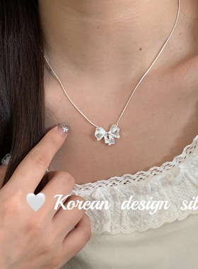 2024韩版ins风设计亮银饰品 S925纯银精致蝴蝶结项链叠戴高级感女