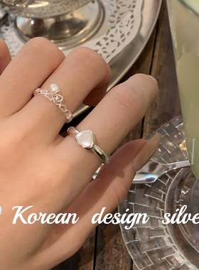 韩国小众设计亮银 S925纯银爱心珍珠戒指 简约时尚女食指环ins风