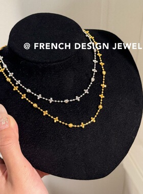 超美法式镭射珠小花项链 S925纯银 锁骨链女优雅礼服配饰品精致