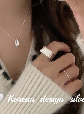 韩国重工ins风饰品 S925纯银方形戒指开口可调节指环女高级感
