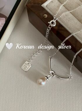 韩国东大门亮银饰品 S925纯银一字打结珍珠项链ins小众设计锁骨链