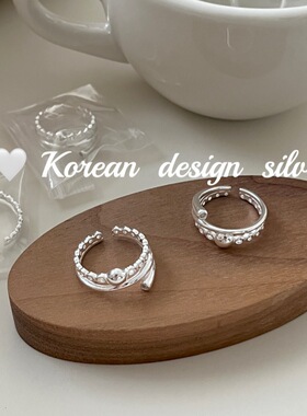 韩版ins风个性饰品 S925纯银 三层椭圆镂空拼接珠珠开口戒指百搭