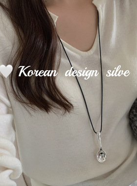 韩版手工银饰品S925纯银光面立体大勺子黑绳项链简约叠戴毛衣链女