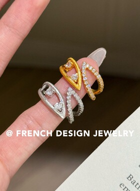 法式高级感布契风拉丝指环S925纯银镂空锆石叶片钻戒指小众优雅