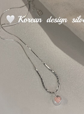 韩版ins风S925纯银项链 圆球方管滴胶心形奶油粉色锁骨链女高级感