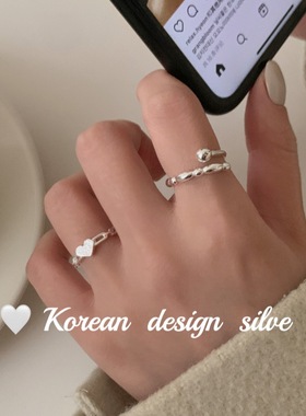 韩版个性设计简约银饰品 S925纯银ab款椭圆拼接珠珠开口戒指小众