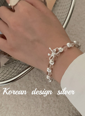 韩国设计银饰品 925纯银白水晶蝴蝶结手链ins风韩版饰品叠戴女款