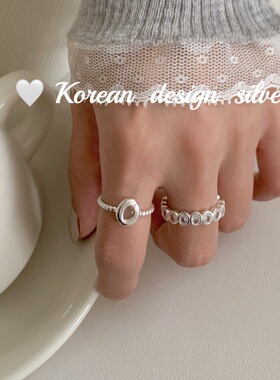 韩国东大门ins风博主饰品 S925纯银 椭圆透明水晶白玉髓麻花戒指