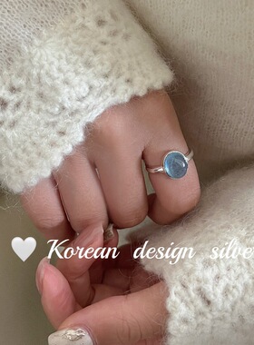 韩国东大门亮银手饰品 S925纯银 椭圆海蓝宝戒指温柔优雅气质显白