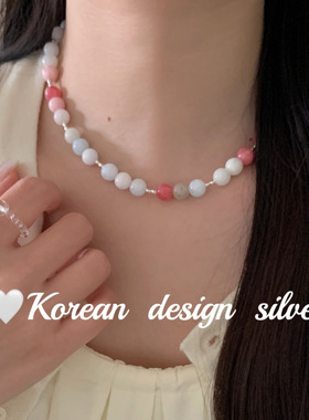 日系韩版手工饰品 s925纯银 粉色摩根石项链 ins风简约可叠戴