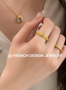 法式布契风拉丝高级感蓝色爱心锆石戒指S925纯银小众设计复古