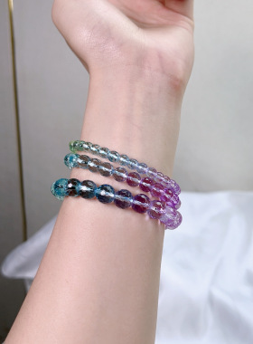 渐变彩虹仿紫水晶手串女冰透切面精致百搭黄水晶串珠素圈女生手链