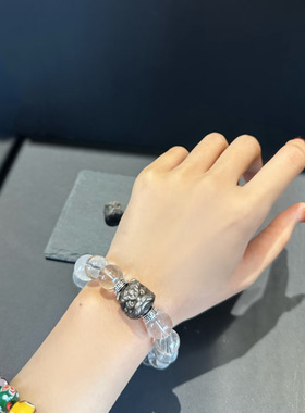 新款天然银耀石醒狮手串仿白水晶搭配黑醒狮DIY设计手串霸气复古