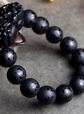 黑曜石手链一钱貔貅搭配黑玛瑙磨砂六字箴言男女款手串