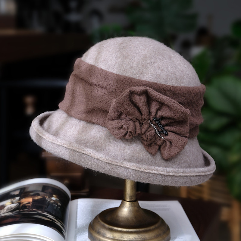 小野商 贵妇澳洲羊毛毡帽高端版秋冬帽子女保暖花朵卷边盆帽时尚,淘宝优惠券,粉丝福利购,淘宝优惠卷