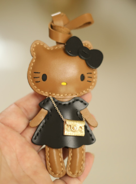 夏威夷黑皮Kitty控凯蒂真皮KT猫钥匙扣包包挂件配饰手工创意礼品