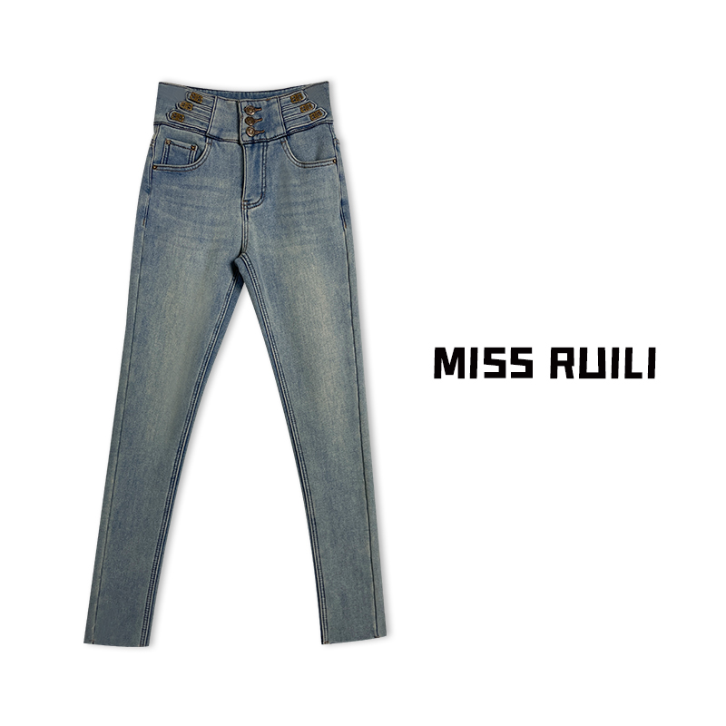 MISS RUILI定制 韩版小众设计款高腰修身显瘦水貂绒铅笔裤A6276