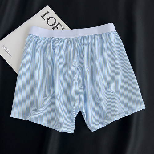 冰丝男士内裤夏季清新条纹格子宽松阿罗裤青少年居家休闲舒适睡裤 - 图0