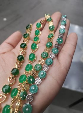 真空电镀镶嵌白底青翠玉铜钱手链女款阳绿色马眼手串鸡心手链