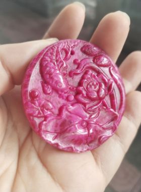 天然红宝石吊坠精品雕刻精美年年有余牡丹挂件新品男女款