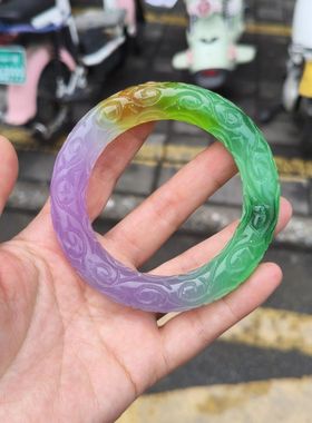 春三彩石英岩玉精雕时来运转仿古龙纹祥云手镯雕花山水圆条玉石女