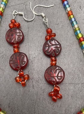 原创设计 摩洛哥红琉璃片锁骨链 时尚耳环 简约手链百搭三件套