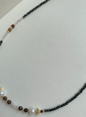 天然珍珠项链黑色锆石2mm极细锁骨链串珠小众轻奢高级感原创设计