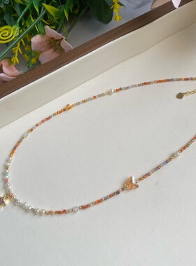 天然珍珠项链彩色锁骨链五星吊坠蝴蝶结串珠颈链小众轻奢高级感