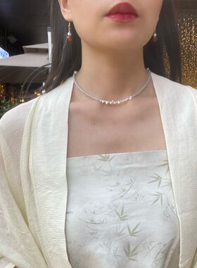 海蓝宝项链切面天然石闪闪锁骨链s925银原创国风汉服配饰蓝色颈链