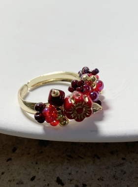 捷克琉璃毕加索复古红色花朵手工串珠开口戒指 指环 原创小众设计