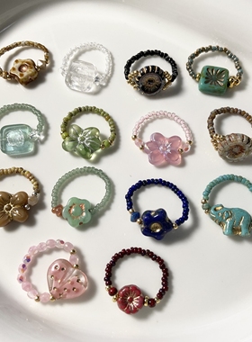 茵娜 小众原创复古vintage捷克珠美拉德风古董串珠弹力叠戴戒指