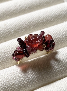 茵娜原创捷克琉璃毕加索复古浆果红色手工开口戒指 指环 小众设计