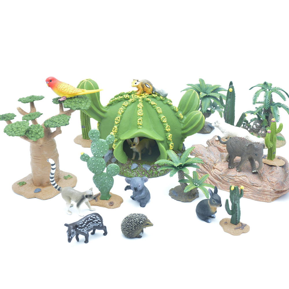 动物仿真模型套装儿童玩具茅草屋地台仙人掌铁树椰树绿植围栏造景,淘宝优惠券,粉丝福利购,淘宝优惠卷