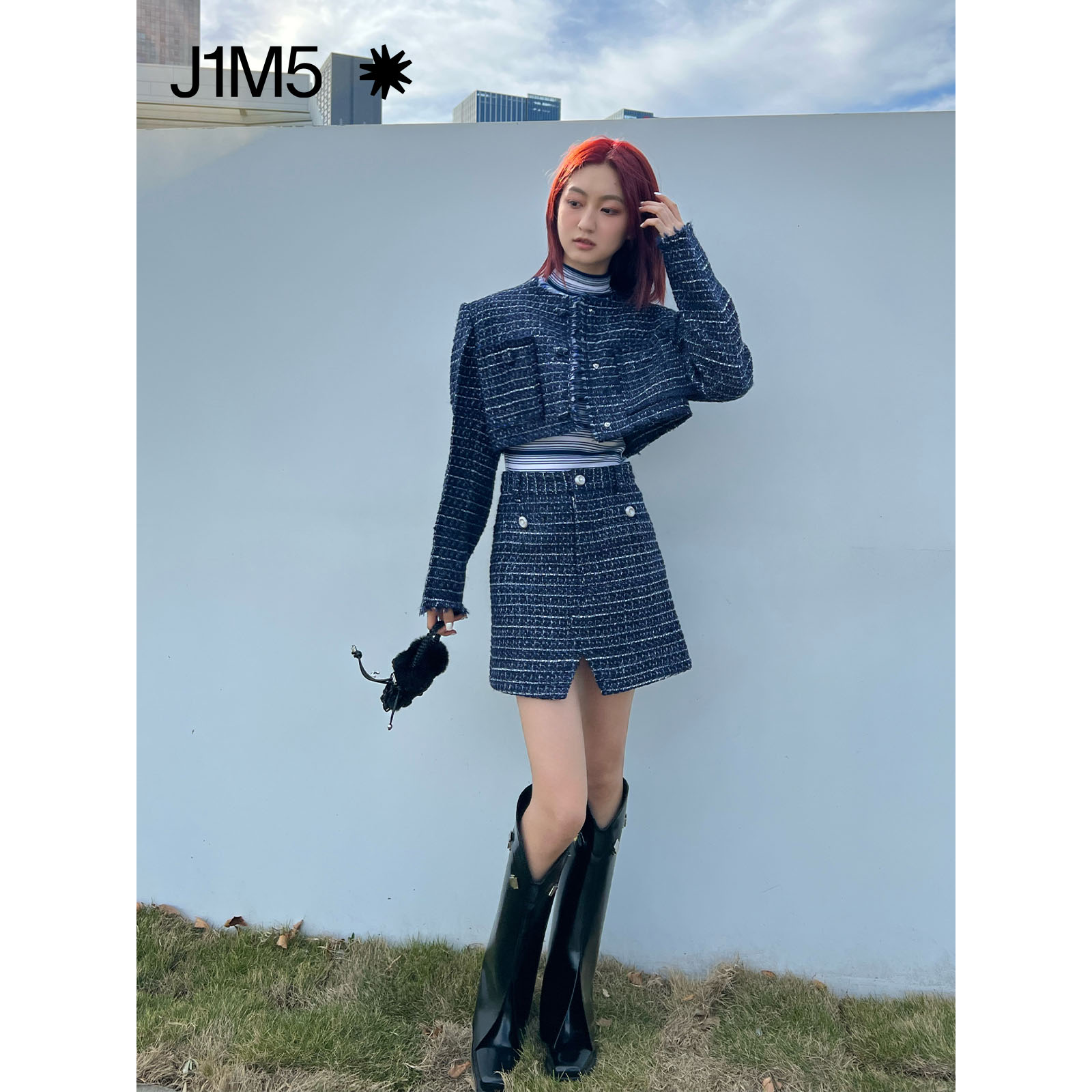 J1M5买手店 IMMI 22秋冬新品蓝色粗花呢短半裙小众设计师品牌女-图2