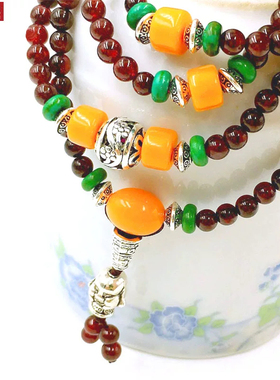 天然石榴石手串隔蜜蜡石榴石手链宝石手饰藏式酒红石榴石手饰多圈